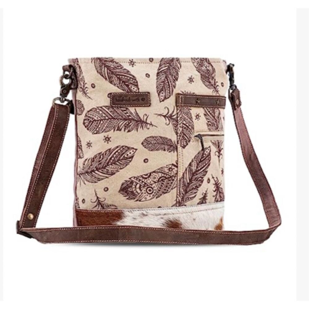 Sixtease New Vintage Feather Print Canvas and Hair on Hide Crossbody Bag‎ Brown
